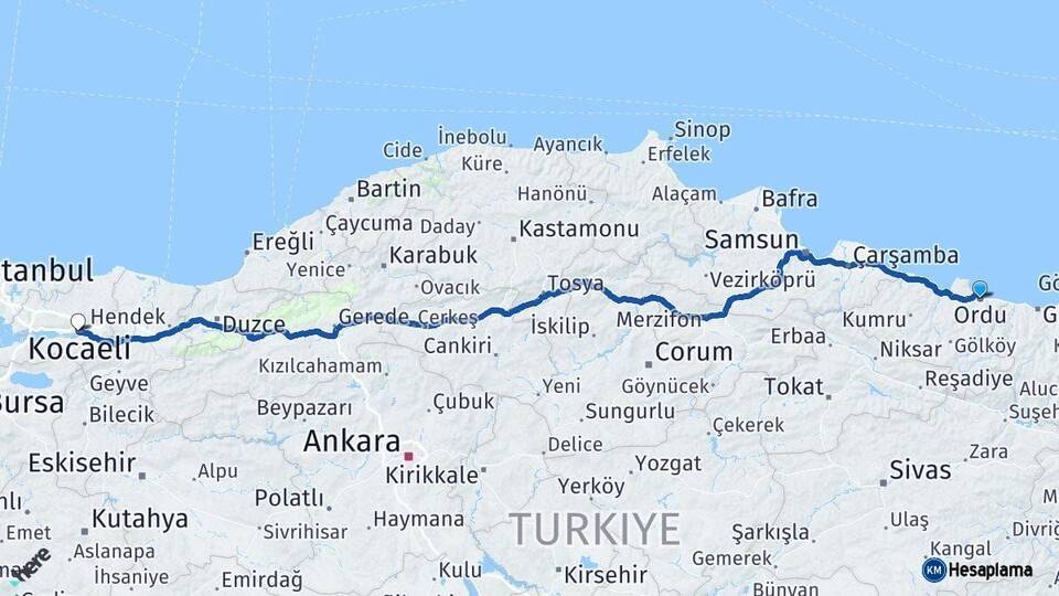 Ordu İzmit Kocaeli Arası Kaç Km - Yol Haritası