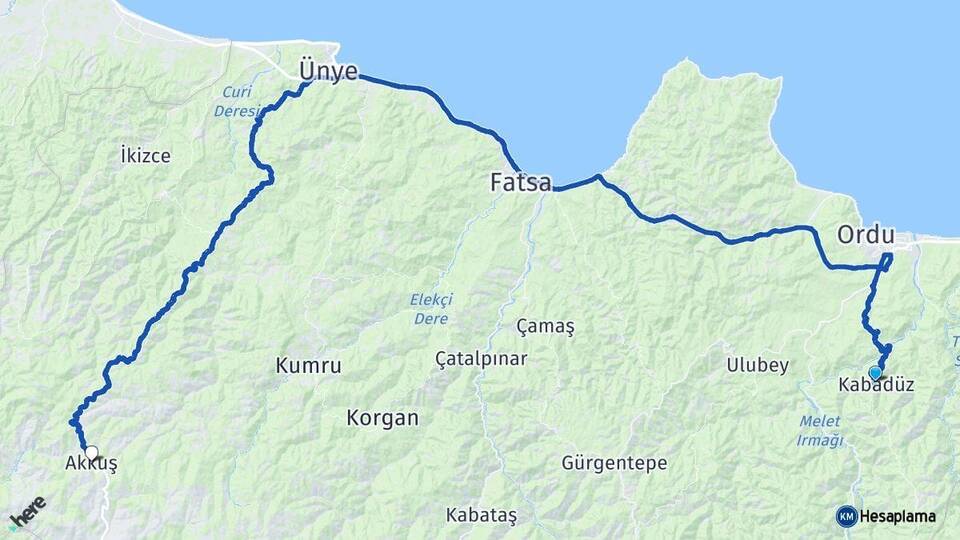 Ordu Kabadüz Akkuş Arası Kaç Km - Yol Haritası