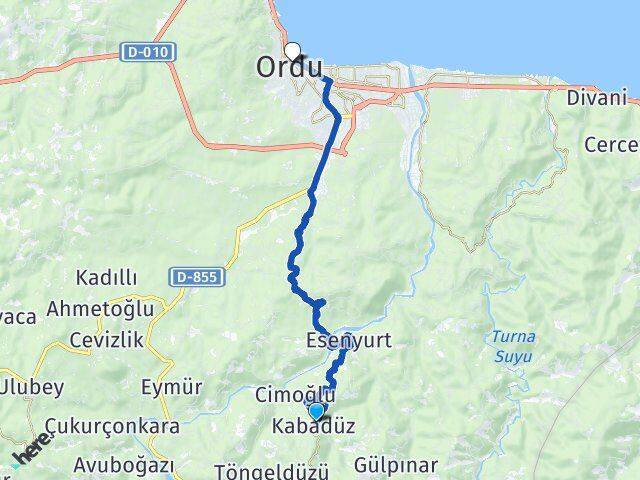 Ordu Kabadüz Altınordu Arası Kaç Km - Yol Haritası