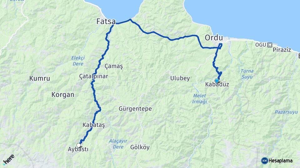 Ordu Kabadüz Aybastı Arası Kaç Km - Yol Haritası