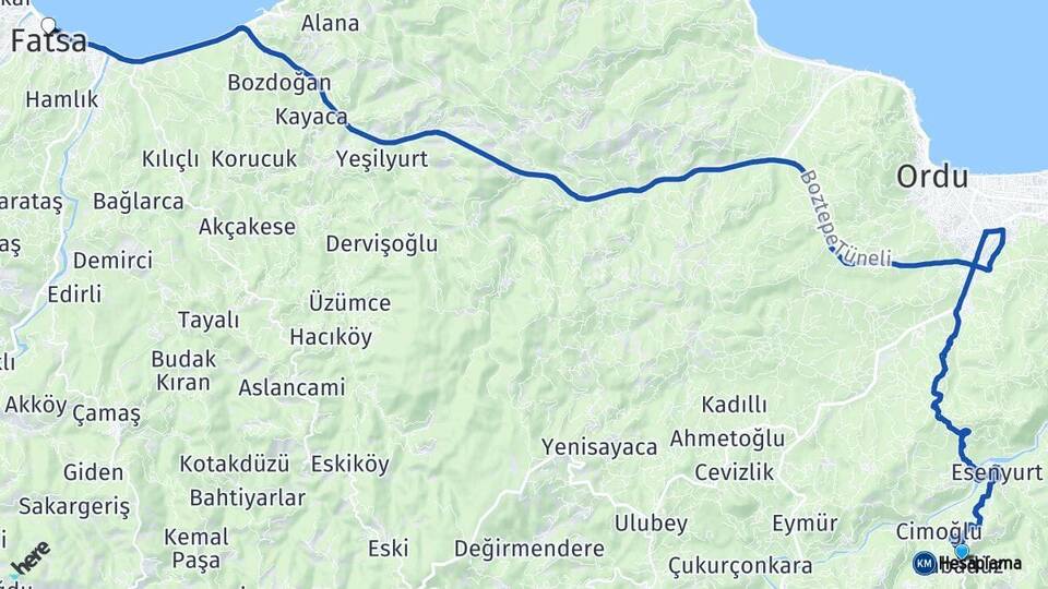 Ordu Kabadüz Fatsa Arası Kaç Km - Yol Haritası