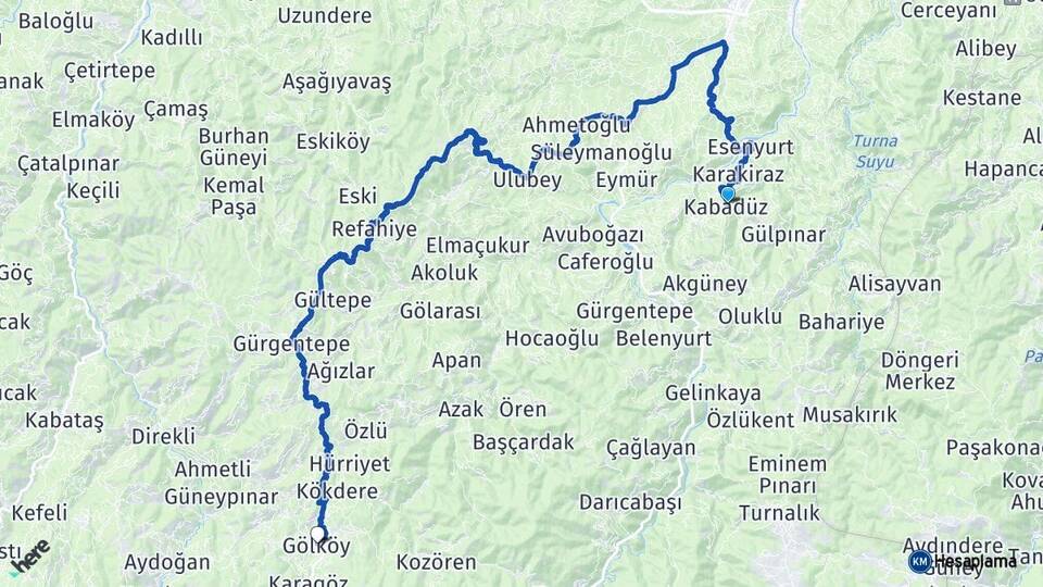Ordu Kabadüz Gölköy Arası Kaç Km - Yol Haritası