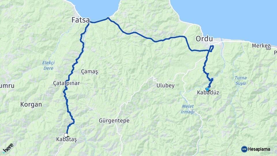 Ordu Kabadüz Kabataş Arası Kaç Km - Yol Haritası