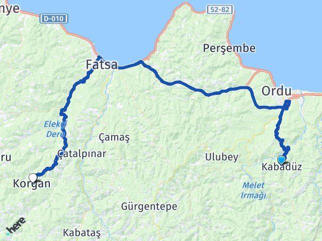 Ordu Kabadüz Korgan Arası Kaç Km - Yol Haritası