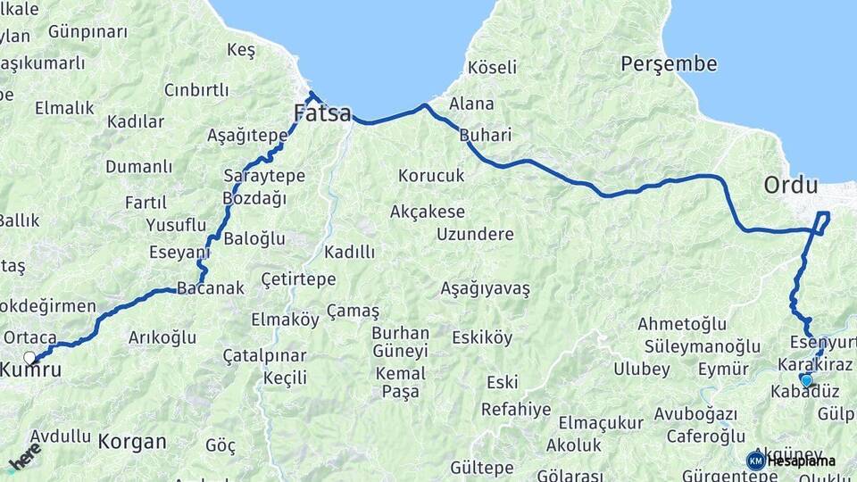 Ordu Kabadüz Kumru Arası Kaç Km - Yol Haritası