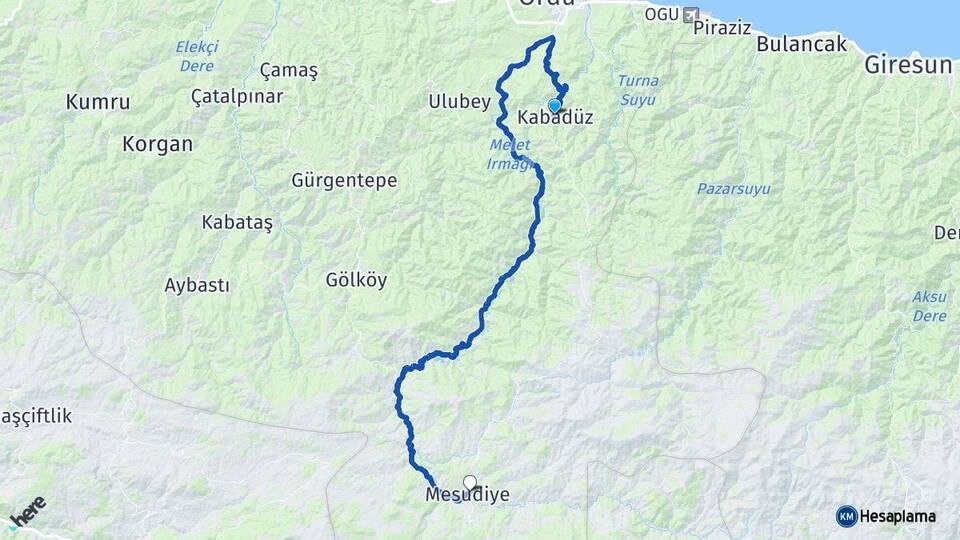 Ordu Kabadüz Mesudiye Arası Kaç Km - Yol Haritası