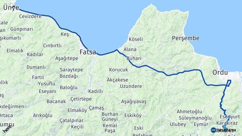 Ordu Kabadüz Ünye Arası Kaç Km - Yol Haritası