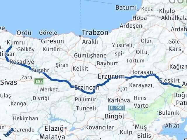Kabataş Ağrı Arası Kaç Km - Yol Tarifi