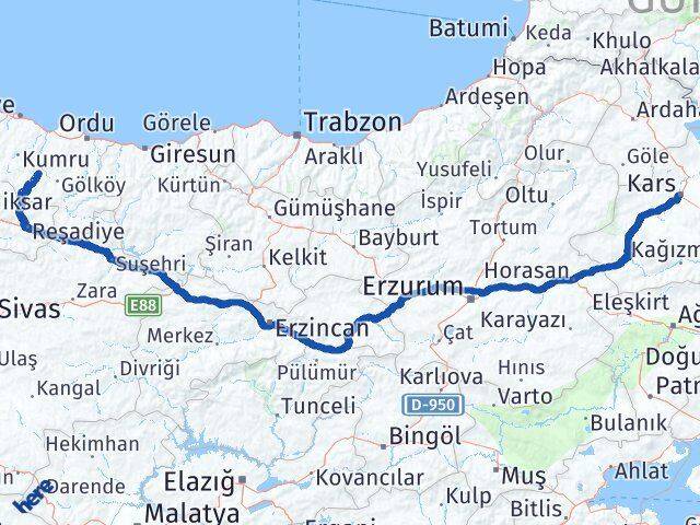 Kabataş Kars Arası Kaç Km - Yol Tarifi