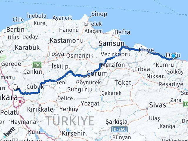 Ordu Kahramankazan Ankara Arası Kaç Km - Yol Haritası