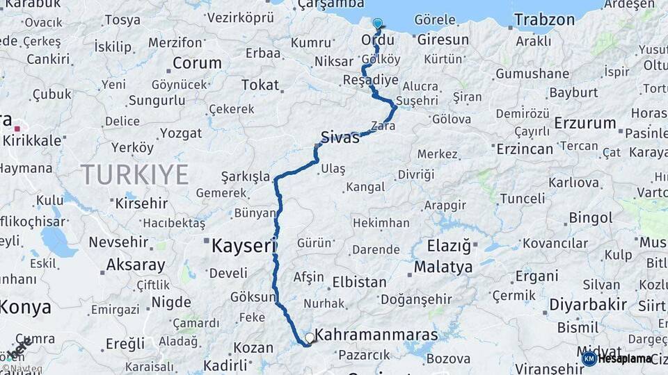 Ordu Kahramanmaraş Arası Kaç Km - Yol Haritası