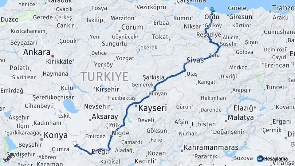 Ordu Karapınar Konya Arası Kaç Km - Yol Haritası