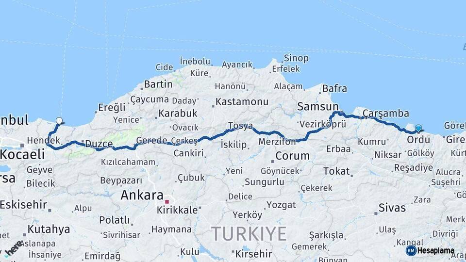 Ordu Karasu Sakarya Arası Kaç Km - Yol Haritası