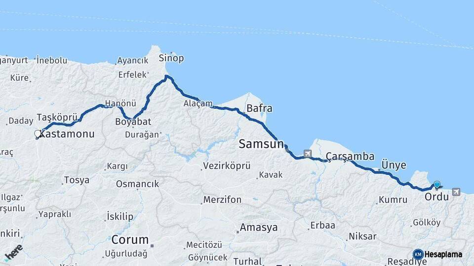 Ordu Kastamonu Arası Kaç Km - Yol Haritası