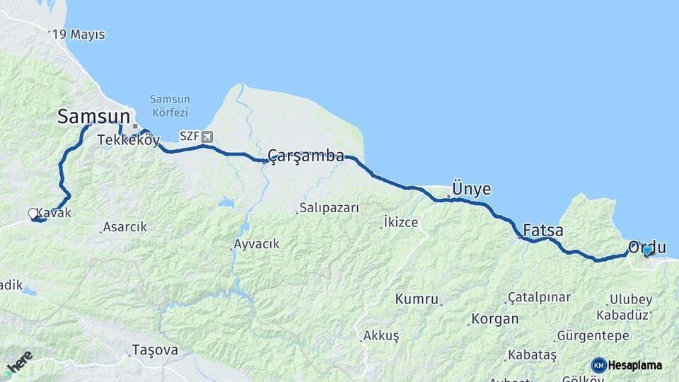 Ordu Kavak Samsun Arası Kaç Km - Yol Haritası