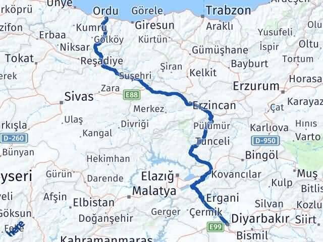 Ordu Kayapınar Diyarbakır Arası Kaç Km - Yol Haritası