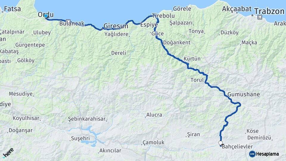 Ordu Kelkit Gümüşhane Arası Kaç Km - Yol Haritası