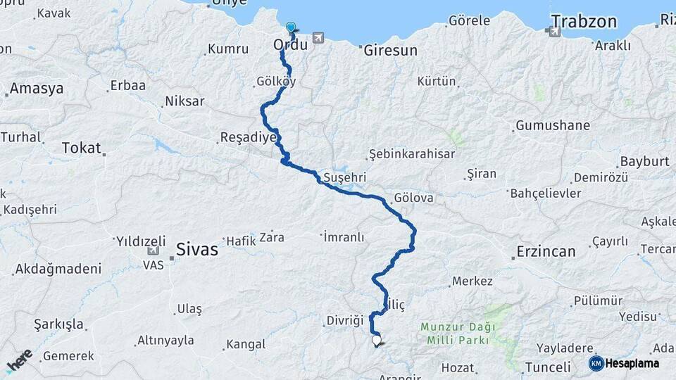Ordu Kemaliye Erzincan Arası Kaç Km - Yol Haritası