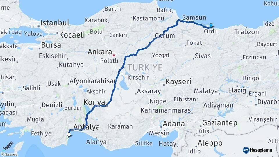 Ordu Kemer Antalya Arası Kaç Km - Yol Haritası