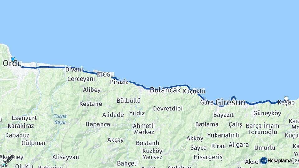 Ordu Keşap Giresun Arası Kaç Km - Yol Haritası