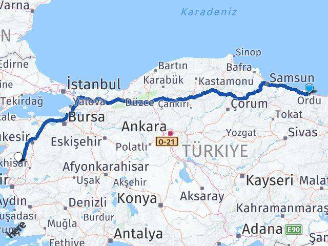 Ordu Kınık İzmir Arası Kaç Km - Yol Haritası