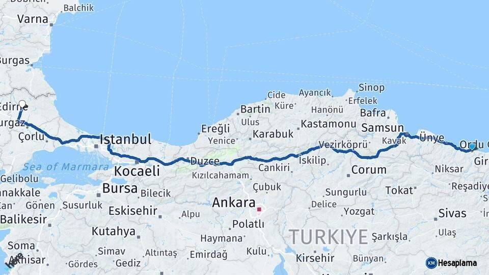 Ordu Kırklareli Arası Kaç Km - Yol Haritası