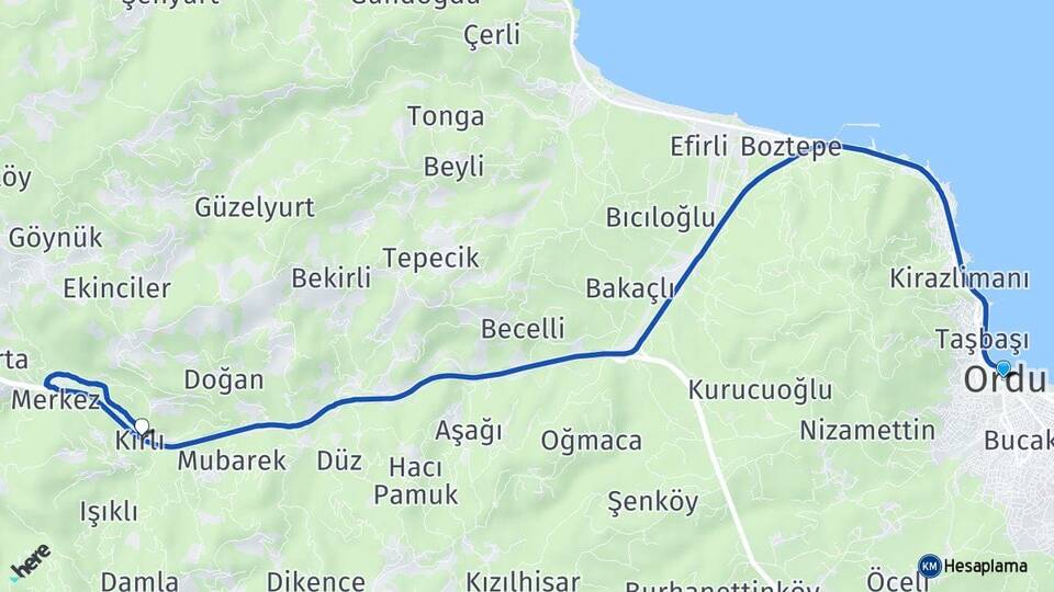 Ordu Kırlı Perşembe Arası Kaç Km - Yol Haritası