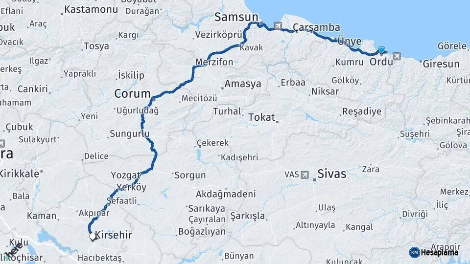 Ordu Kırşehir Arası Kaç Km - Yol Haritası