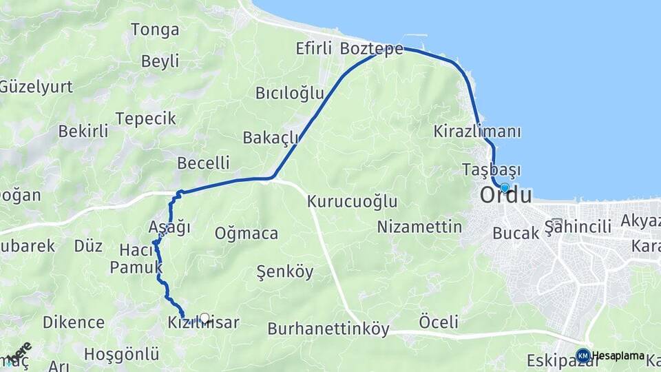 Ordu Kızılhisar Altınordu Arası Kaç Km - Yol Haritası