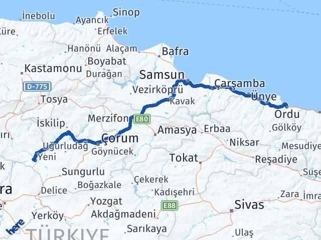Ordu Kızılırmak Çankırı Arası Kaç Km - Yol Haritası
