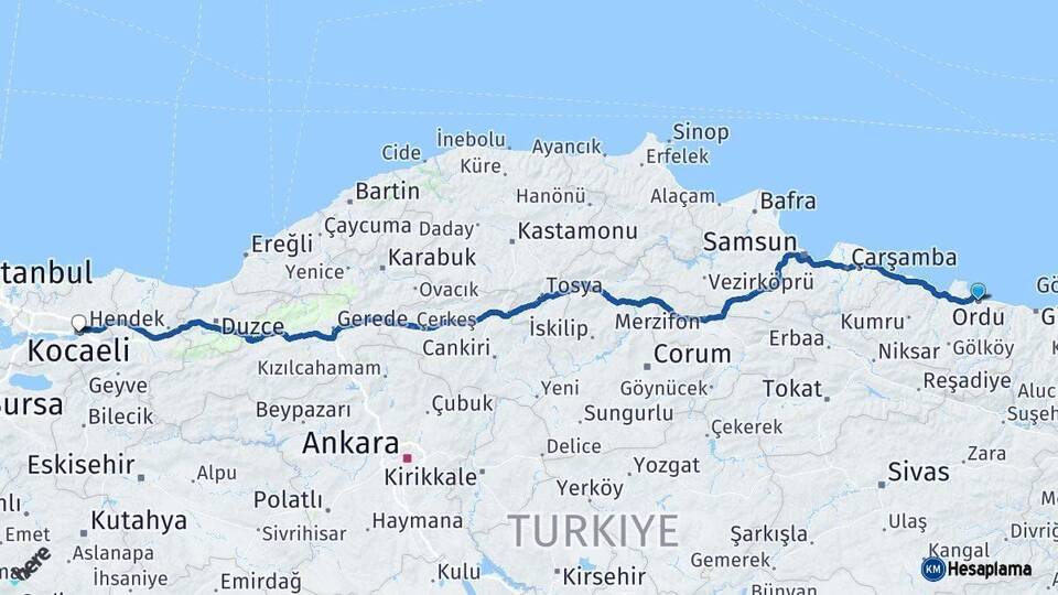 Ordu Kocaeli Arası Kaç Km - Yol Haritası