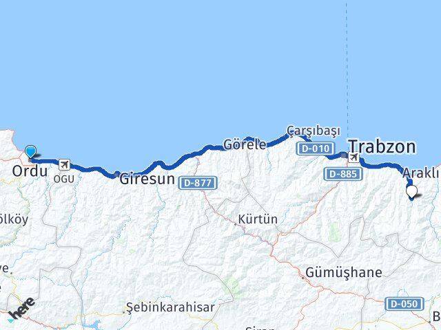 Ordu Köprübaşı Trabzon Arası Kaç Km - Yol Haritası