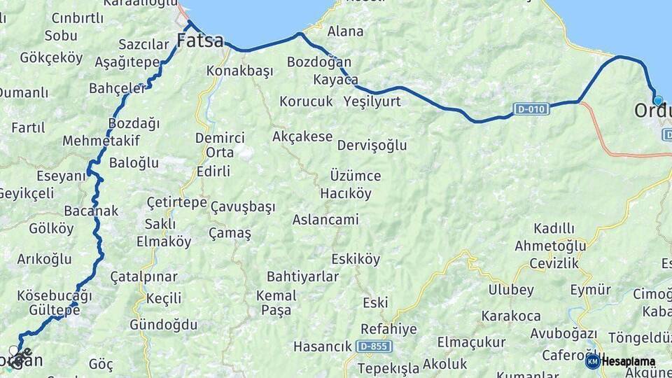 Ordu Korgan Arası Kaç Km - Yol Haritası