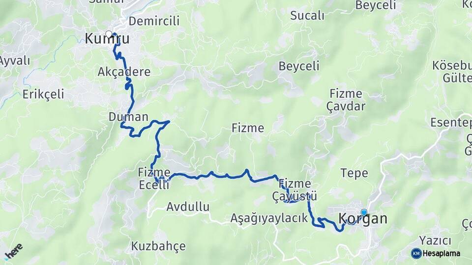 Ordu Korgan Kumru Arası Kaç Km - Yol Haritası
