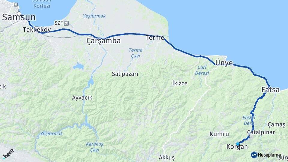 Ordu Korgan Samsun Arası Kaç Km - Yol Haritası