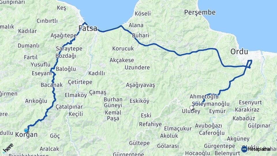 Ordu Korgan Ulubey Arası Kaç Km - Yol Haritası