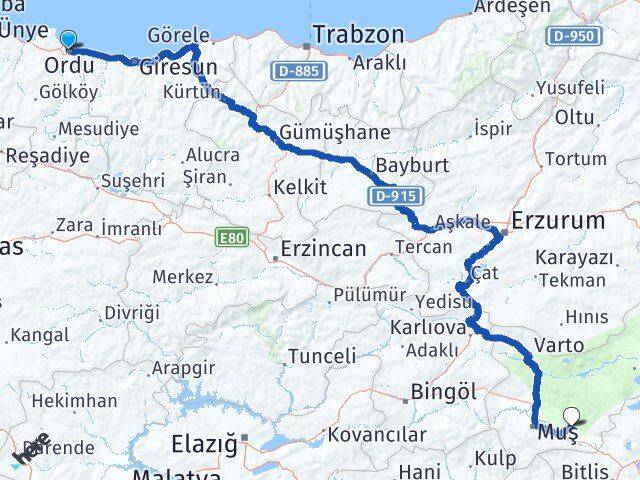 Ordu Korkut Muş Arası Kaç Km - Yol Haritası