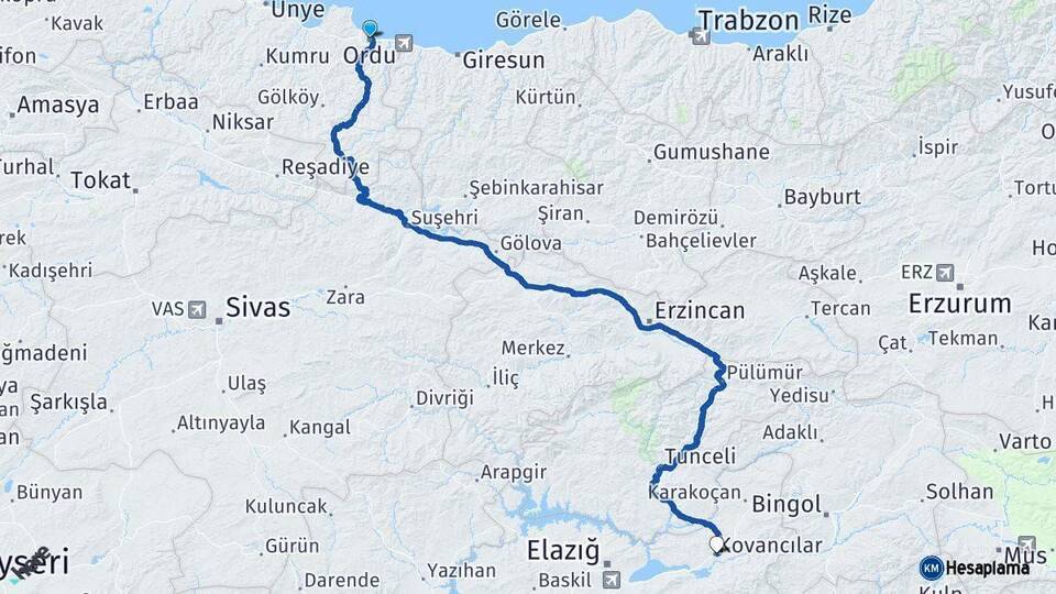 Ordu Kovancılar Elazığ Arası Kaç Km - Yol Haritası