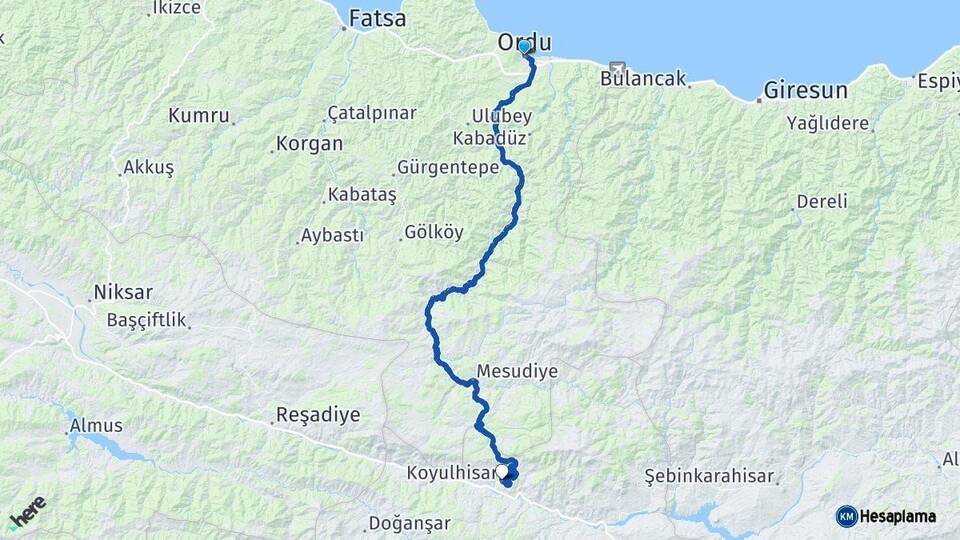 Ordu Koyulhisar Sivas Arası Kaç Km - Yol Haritası