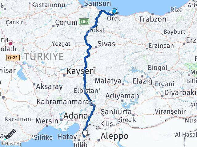 Ordu Kumlu Hatay Arası Kaç Km - Yol Haritası