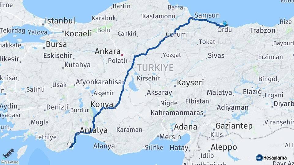 Ordu Kumluca Antalya Arası Kaç Km - Yol Haritası