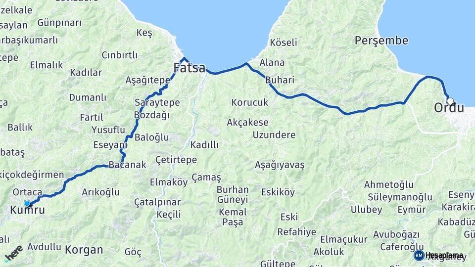 Ordu Kumru Altınordu Arası Kaç Km - Yol Haritası