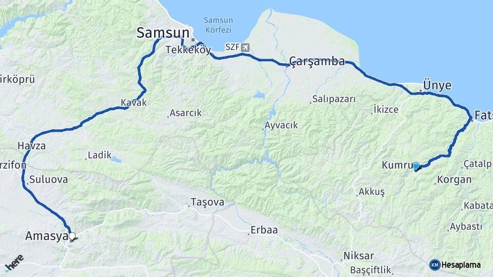 Ordu Kumru Amasya Arası Kaç Km - Yol Haritası