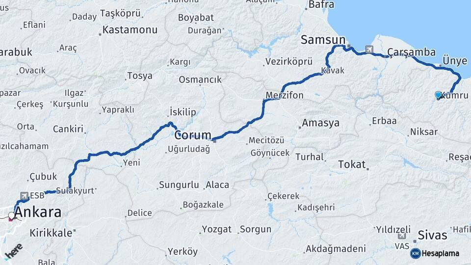 Ordu Kumru Ankara Arası Kaç Km - Yol Haritası
