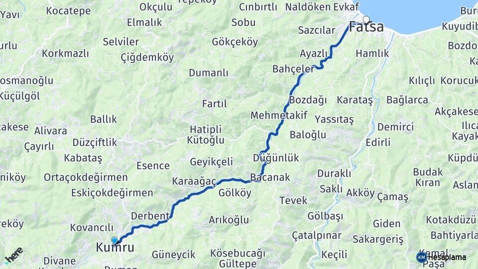 Ordu Kumru Fatsa Arası Kaç Km - Yol Haritası