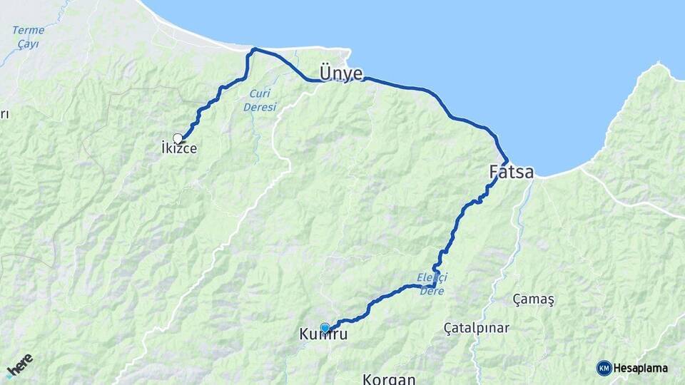 Ordu Kumru İkizce Arası Kaç Km - Yol Haritası