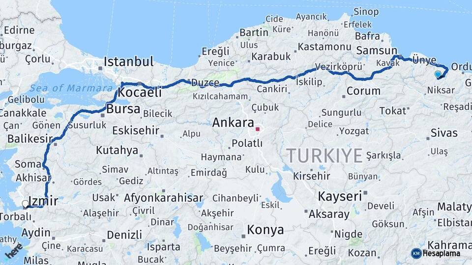 Ordu Kumru İzmir Arası Kaç Km - Yol Haritası