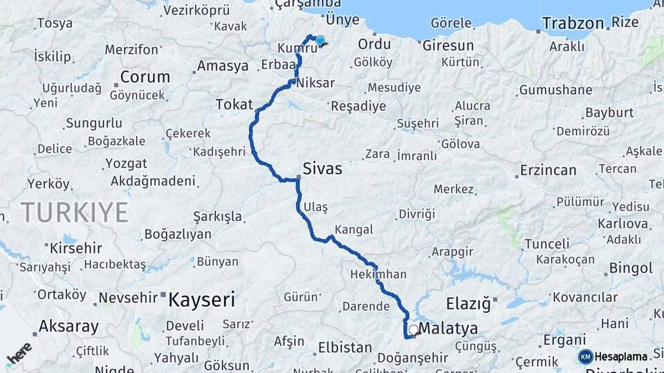 Ordu Kumru Malatya Arası Kaç Km - Yol Haritası
