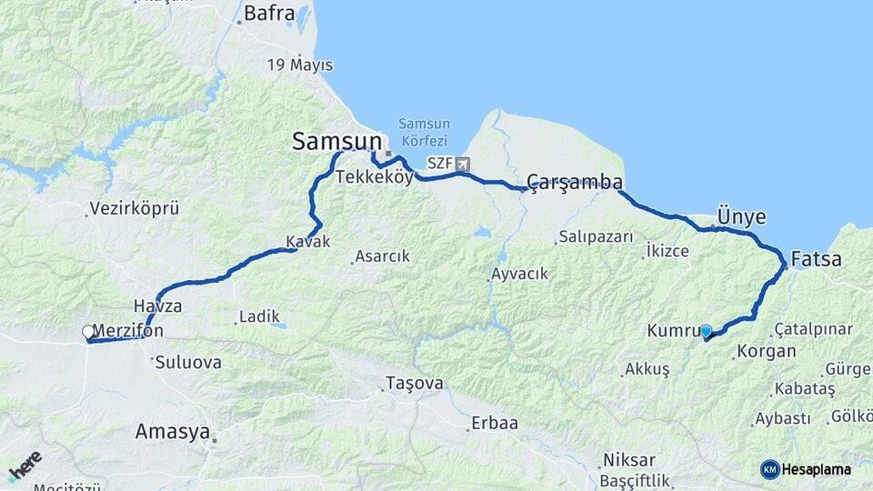 Ordu Kumru Merzifon Amasya Arası Kaç Km - Yol Haritası