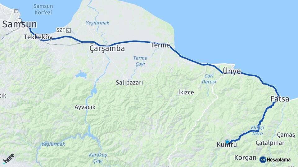 Ordu Kumru Samsun Arası Kaç Km - Yol Haritası